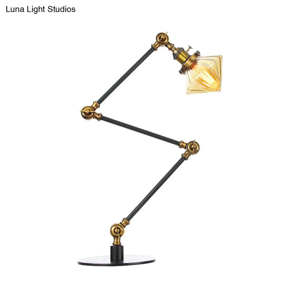 Vintage Diamond Shade Table Lamp: Amber/Clear Glass Adjustable Arm - Black/Brass