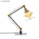 Vintage Diamond Shade Table Lamp: Amber/Clear Glass Adjustable Arm - Black/Brass