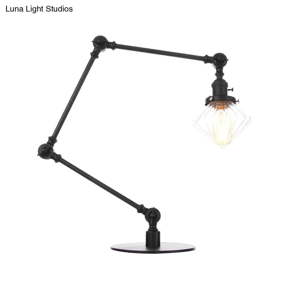 Vintage Diamond Shade Table Lamp: Amber/Clear Glass Adjustable Arm - Black/Brass