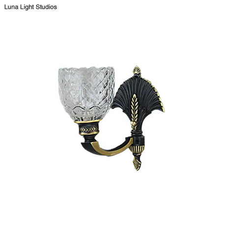 Vintage Dome Brass Wall Sconce With Curved Arm - 1/2-Light Clear Glass Fixture For Study Room