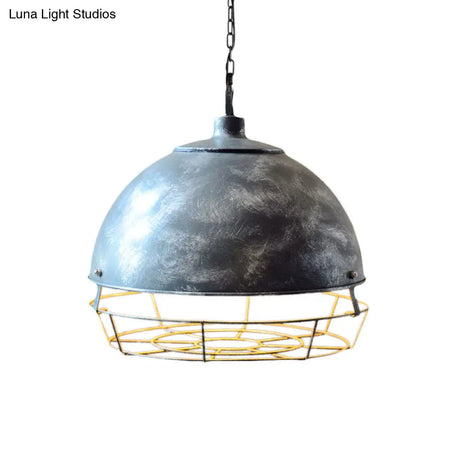 Vintage Dome Pendant Lamp - 1 Head Iron Hanging Light Fixture In Black/Silver For Dining Room