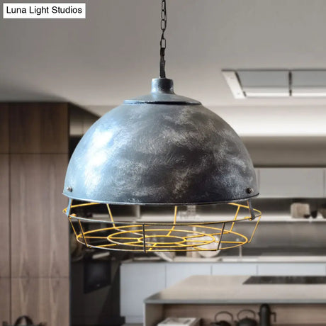 Vintage Dome Pendant Lamp - 1 Head Iron Hanging Light Fixture In Black/Silver For Dining Room