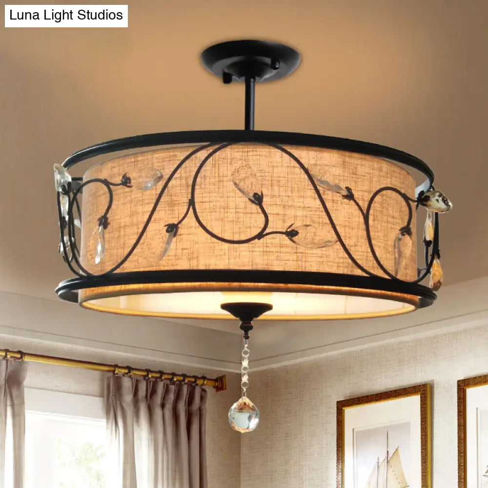 Vintage Drum Semi Flush Ceiling Light In Black Finish For Living Room Décor