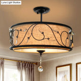 Vintage Drum Semi Flush Ceiling Light In Black Finish For Living Room Décor