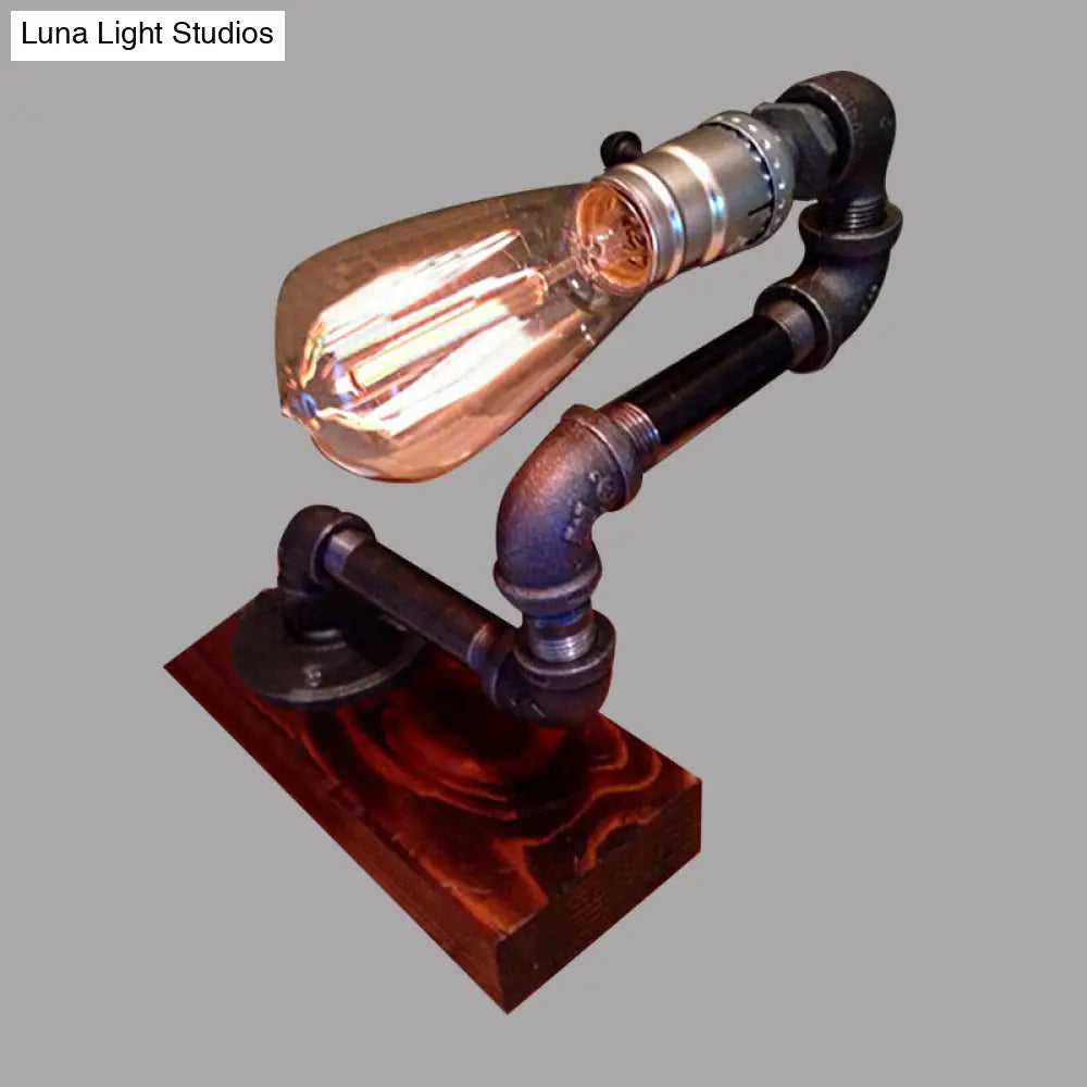 Vintage Exposed Bulb Metal Table Lamp With Wooden Base - Black