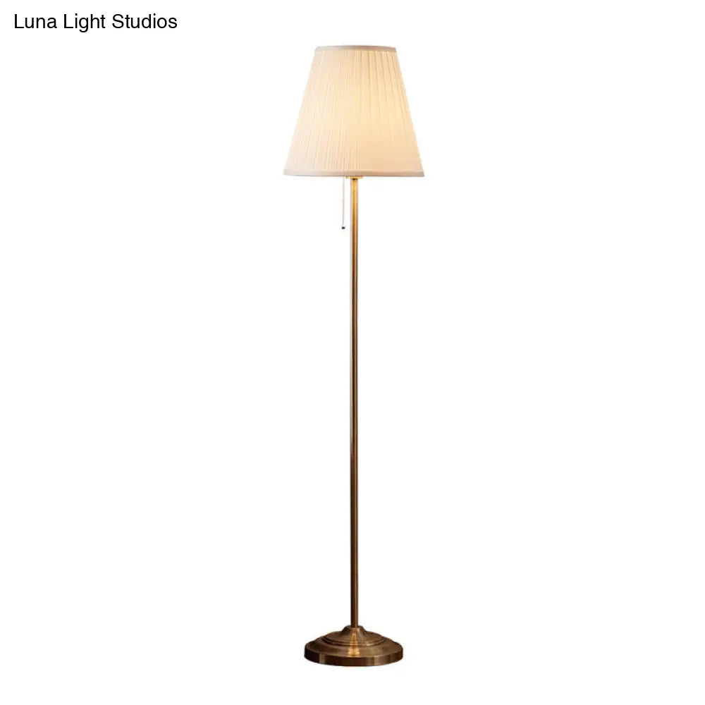 Vintage Fabric Standing Floor Lamp With Pleated Brown Shade & Pull Chain For Living Room - 1 Head