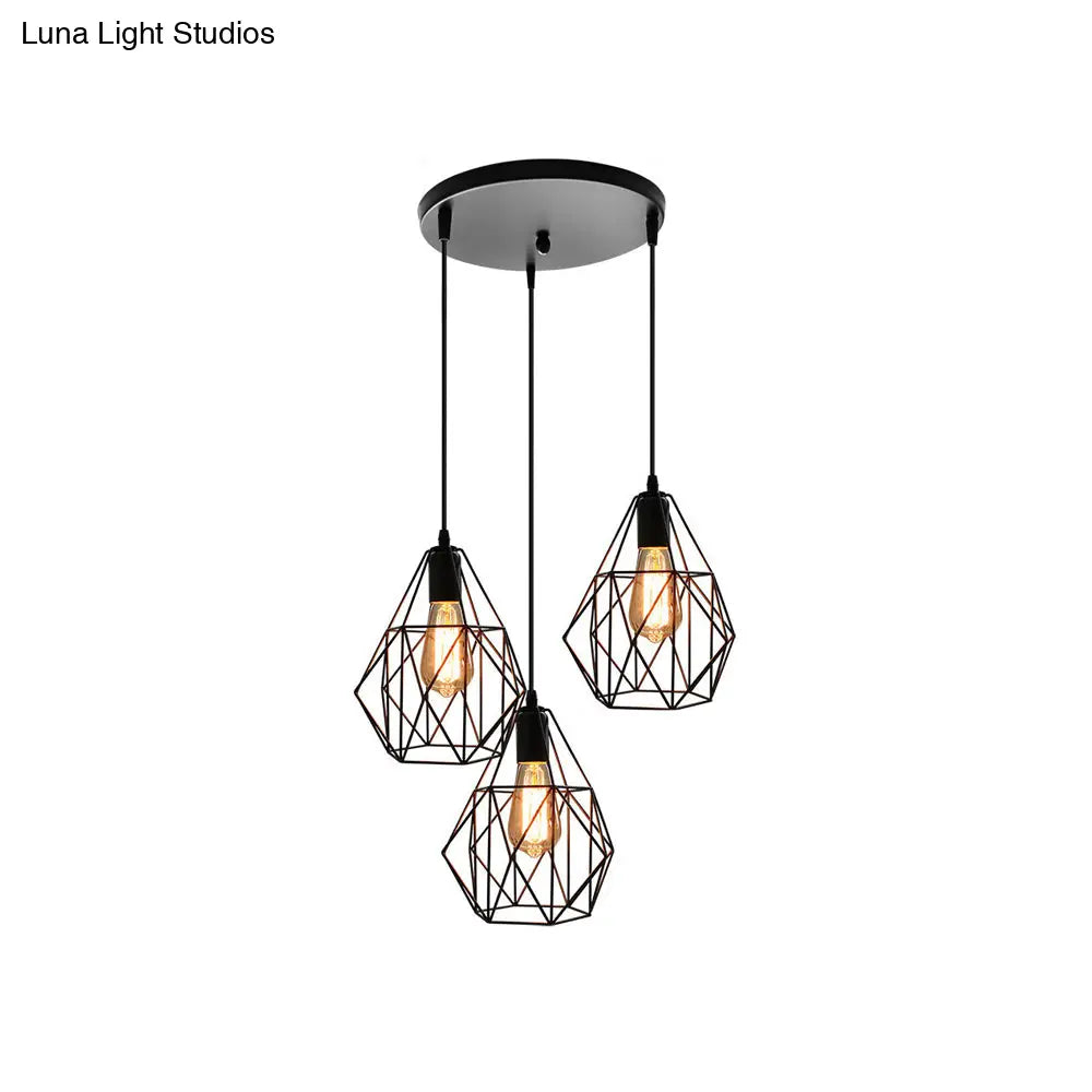 Vintage Faceted Cage Ceiling Fixture 3 Bulbs Pendant Lighting Black Metal For Dining Table