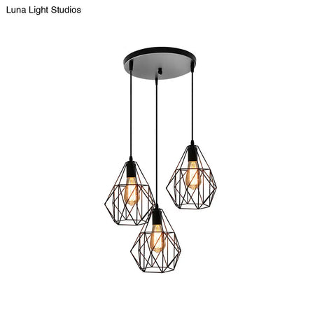 Vintage Faceted Cage Ceiling Fixture 3 Bulbs Pendant Lighting Black Metal For Dining Table