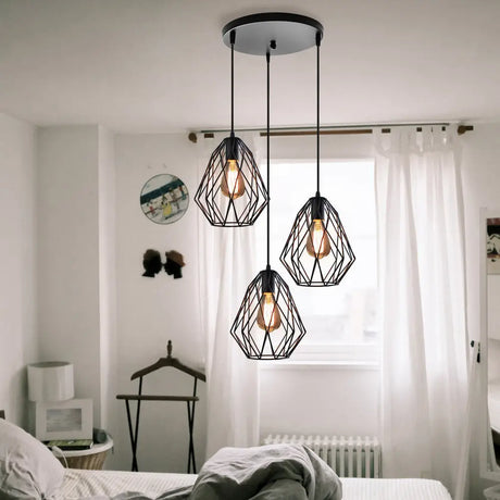 Vintage Faceted Cage Ceiling Fixture 3 Bulbs Pendant Lighting Black Metal For Dining Table / B Round