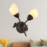 Vintage Faceted Glass Flaring Bedside Sconce Light Fixture - Black Wall Mount 2-Bulb Illumination
