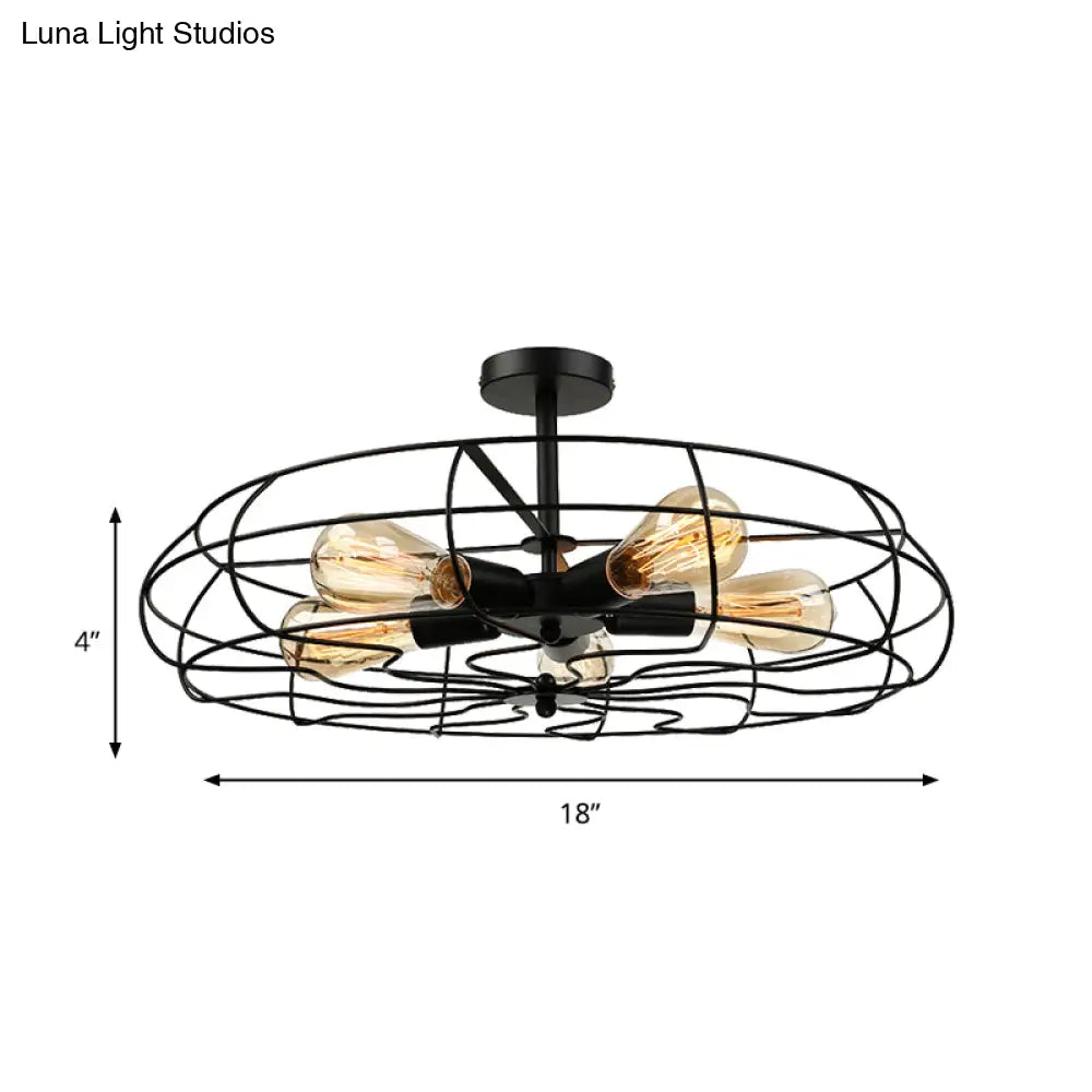 Vintage Fan Shaped 5-Light Iron Ceiling Light With Wire Cage Shade - Semi Flush Mount In Rust/Black
