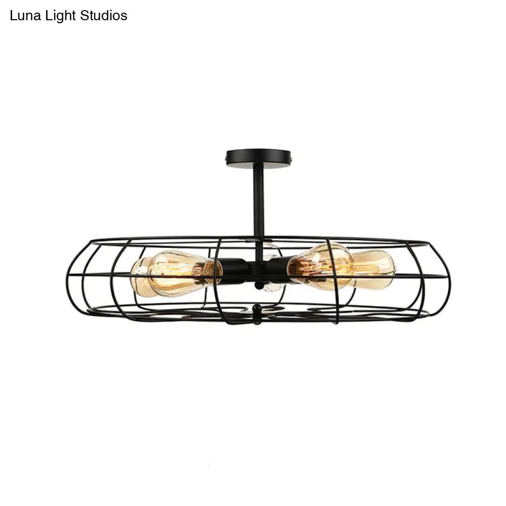 Vintage Fan Shaped 5-Light Iron Ceiling Light With Wire Cage Shade - Semi Flush Mount In Rust/Black