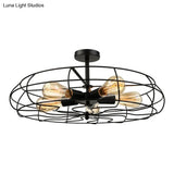 Vintage Fan Shaped 5-Light Iron Ceiling Light With Wire Cage Shade - Semi Flush Mount In Rust/Black