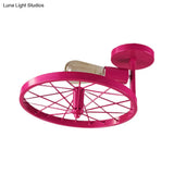 Vintage Farmhouse Ceiling Light With White/Pink Bulb And Wheel Design