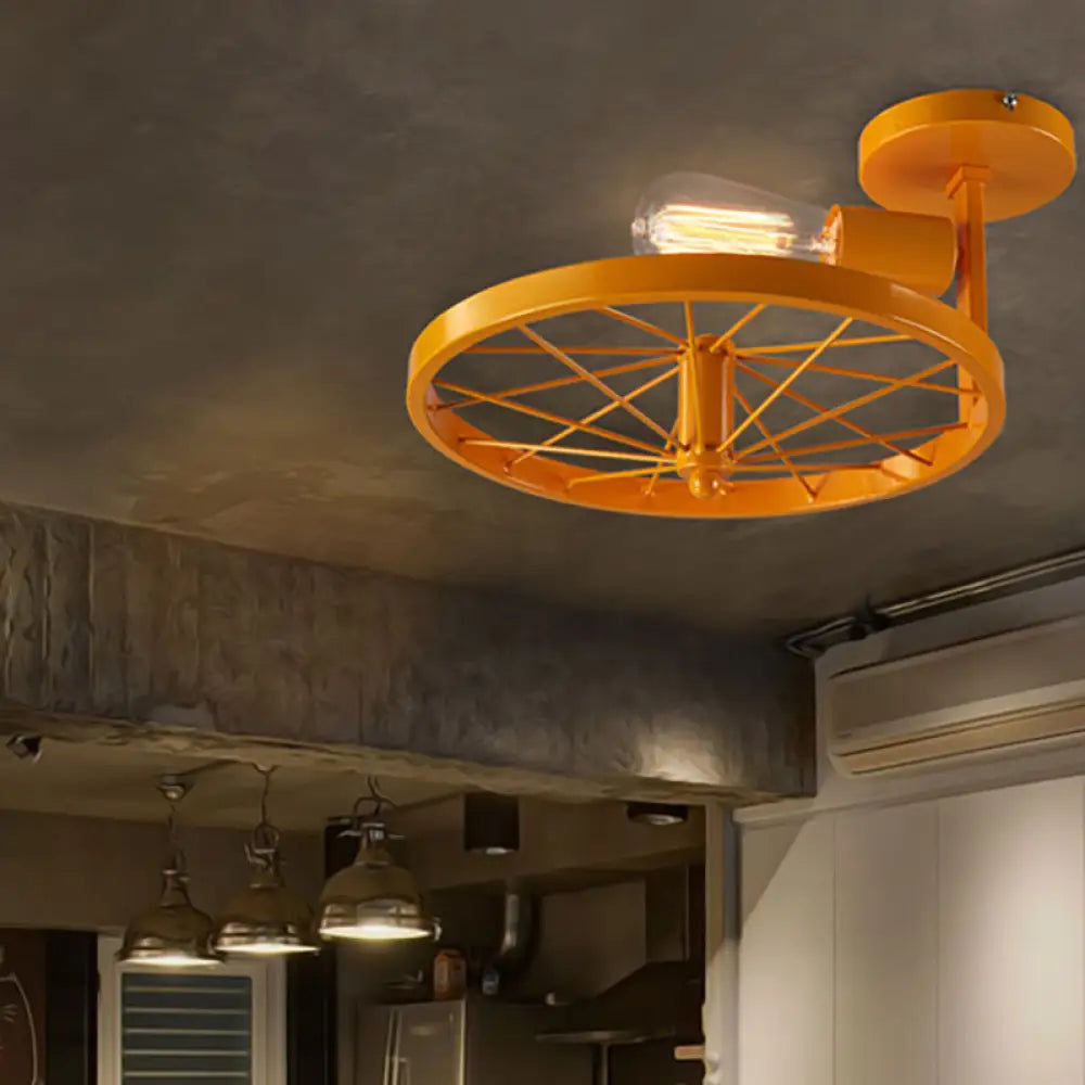 Vintage Farmhouse Ceiling Light With White/Pink Bulb And Wheel Design Yellow