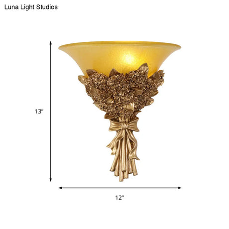 Vintage Flared Corridor Wall Sconce With Amber/White Glass And Blue/Gold Flower Accent