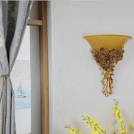 Vintage Flared Corridor Wall Sconce With Amber/White Glass And Blue/Gold Flower Accent Gold