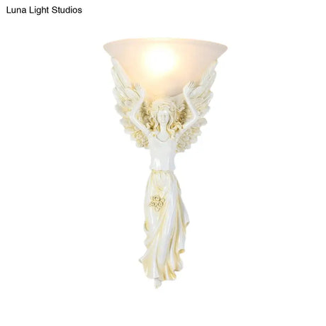 Vintage Flared Ribbed Glass Wall Lamp With Gold/White Angel Base - 1 Light Sconce