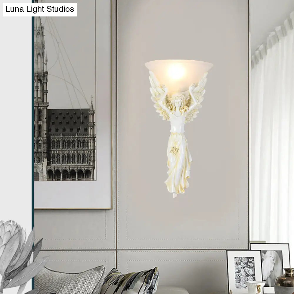 Vintage Flared Ribbed Glass Wall Lamp With Gold/White Angel Base - 1 Light Sconce