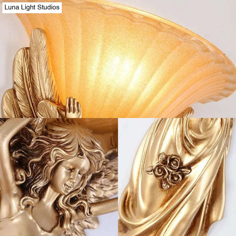 Vintage Flared Ribbed Glass Wall Lamp With Gold/White Angel Base - 1 Light Sconce