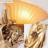 Vintage Flared Ribbed Glass Wall Lamp With Gold/White Angel Base - 1 Light Sconce