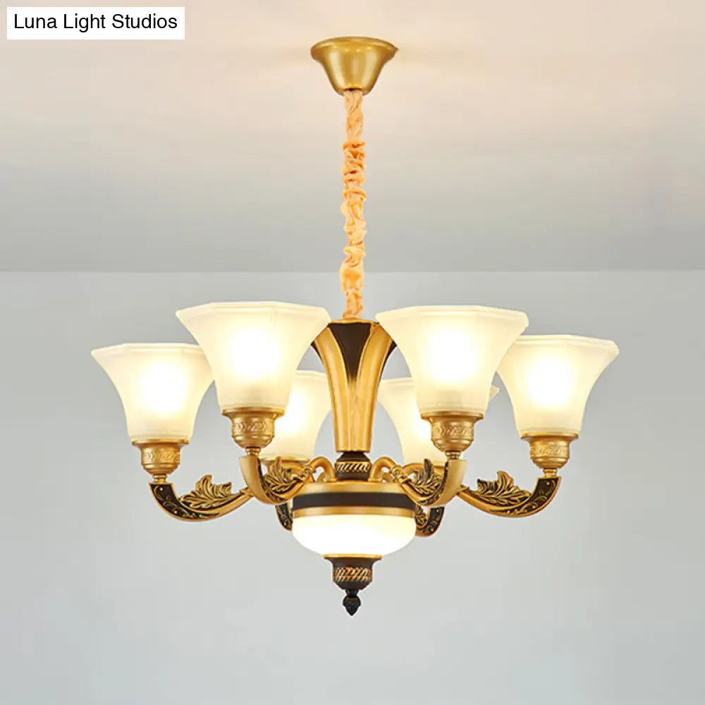 Vintage Flared Suspension Chandelier For Living Room - Cream Frosted Glass Light