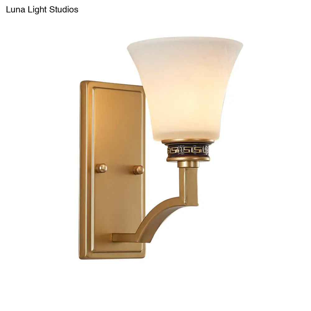 Vintage Flared Wall Sconce With White Glass And Gold Rectangle Backplate - Perfect For Foyer
