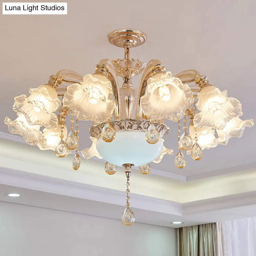 Vintage Floral Chandelier Pendant With Ribbed Ruffle Glass And Crystal Accent