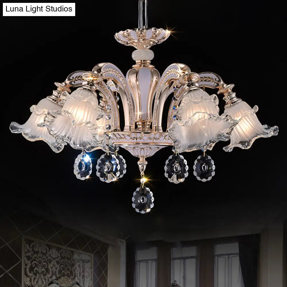 Vintage Floral Chandelier Pendant With Ribbed Ruffle Glass And Crystal Accent