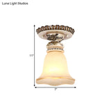 Vintage Floral Flush Ceiling Light With White Opaline Glass And Carving Pattern