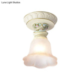 Vintage Floral Flush Ceiling Light With White Opaline Glass And Carving Pattern