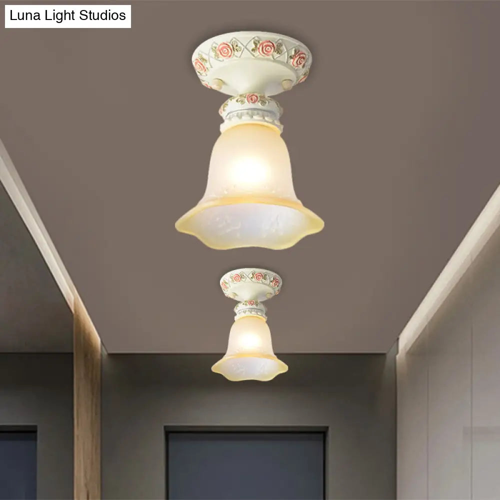 Vintage Floral Flush Ceiling Light With White Opaline Glass And Carving Pattern