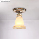 Vintage Floral Flush Ceiling Light With White Opaline Glass And Carving Pattern