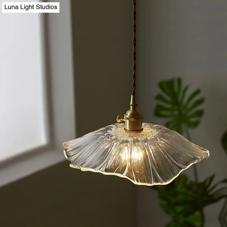 Vintage Floral Glass Pendant Light Fixture For Restaurants - Single Ruffled Design