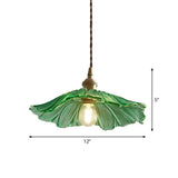 Vintage Floral Glass Pendant Light Fixture For Restaurants - Single Ruffled Design Green