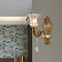 Vintage Floral Wall Sconce With Beveled Crystal Prism And Brass Finish 1 /