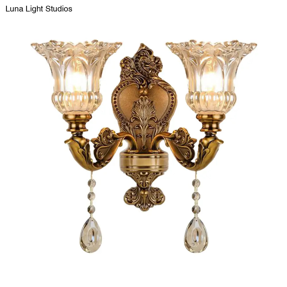 Vintage Floral Wall Sconce With Beveled Crystal Prism And Brass Finish
