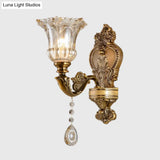 Vintage Floral Wall Sconce With Beveled Crystal Prism And Brass Finish