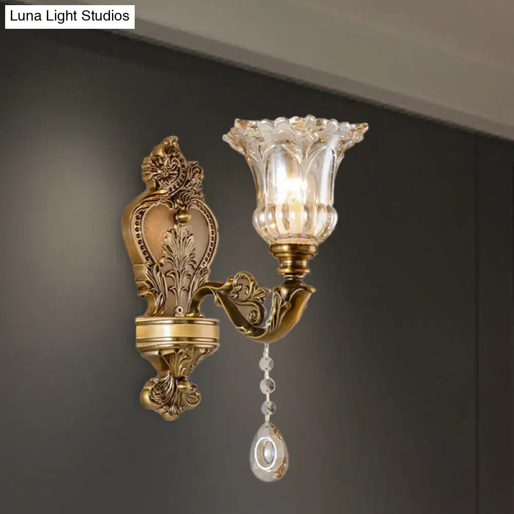 Vintage Floral Wall Sconce With Beveled Crystal Prism And Brass Finish