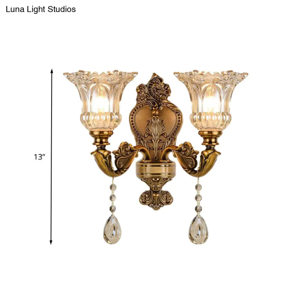 Vintage Floral Wall Sconce With Beveled Crystal Prism And Brass Finish
