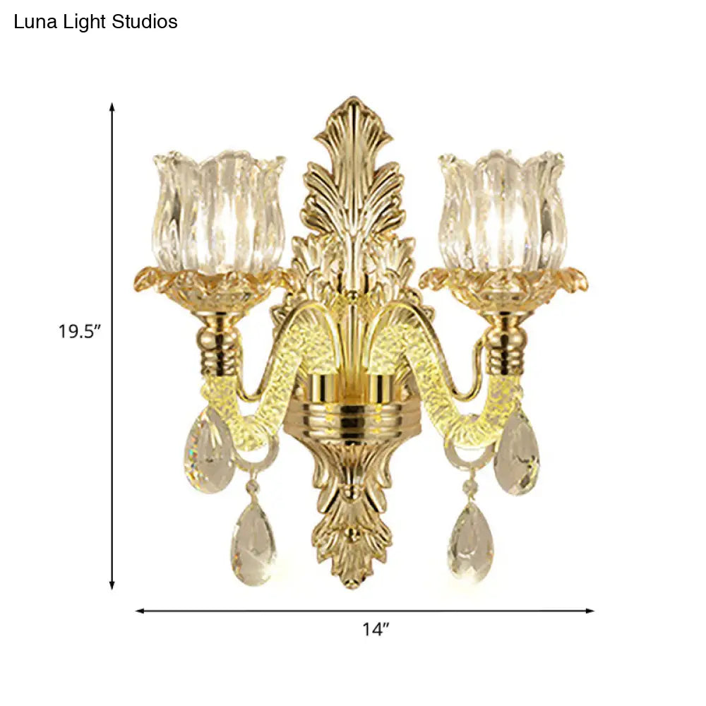 Vintage Flower Bud Glass Wall Lamp Kit In Gold With 2 Lights
