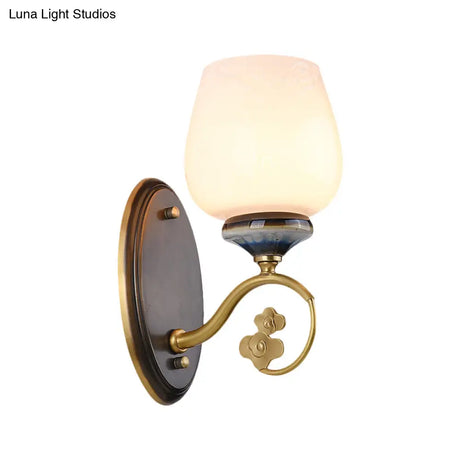 Vintage Flower Bud Sconce Light: Cream Glass Wall Mounted Lighting With Single Bulb In Black