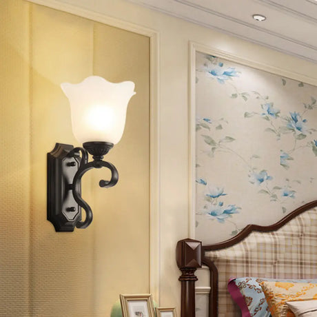 Vintage Flower Shaped Wall Mounted Lamp For Bedroom - Frost Glass Black Light 1 /