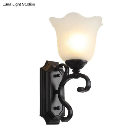 Vintage Flower Shaped Wall Mounted Lamp For Bedroom - Frost Glass Black Light