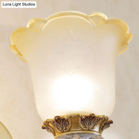Vintage Flower Wall Light In Gold For Foyer - Frosted Glass Sconce With Metal Carved Arm