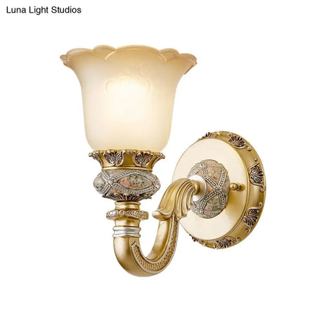 Vintage Flower Wall Light In Gold For Foyer - Frosted Glass Sconce With Metal Carved Arm