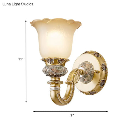 Vintage Flower Wall Light In Gold For Foyer - Frosted Glass Sconce With Metal Carved Arm