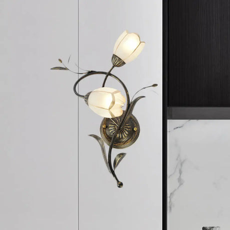 Vintage Flower Wall Sconce Lighting - Bronze Frosted Glass Light Fixture For Living Room Right/Left