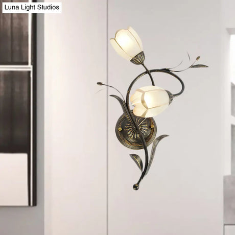 Vintage Flower Wall Sconce Lighting - Bronze Frosted Glass Light Fixture For Living Room Right/Left