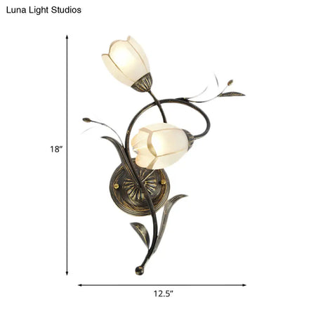 Vintage Flower Wall Sconce Lighting - Bronze Frosted Glass Light Fixture For Living Room Right/Left